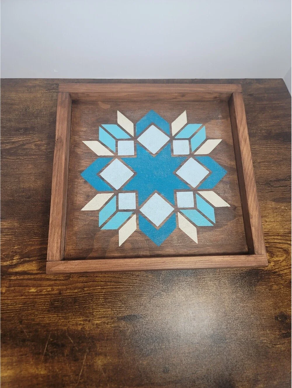 Handmade Wooden Tray With Painted Sparkly Teal Blue And White Barn Quilt Design